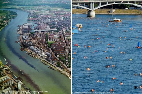 Verschmutzter Rhein im Jahr 1965 und offizielles Rheinschwimmen im Jahr 2015