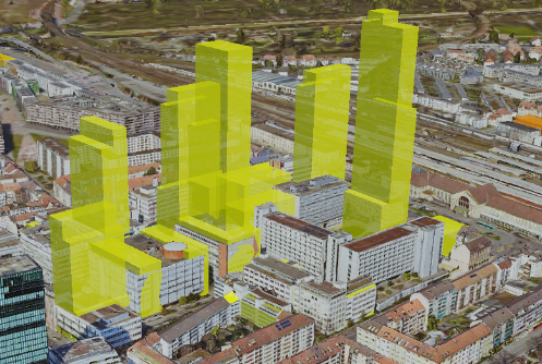 Visualisierung der Arealentwicklung Rosental Mitte mit vier Hochhäusern