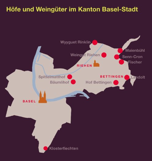 Eine Karte des Kantons Basel-Stadt mit den eingezeichneten Landwirtschaftsbetrieben