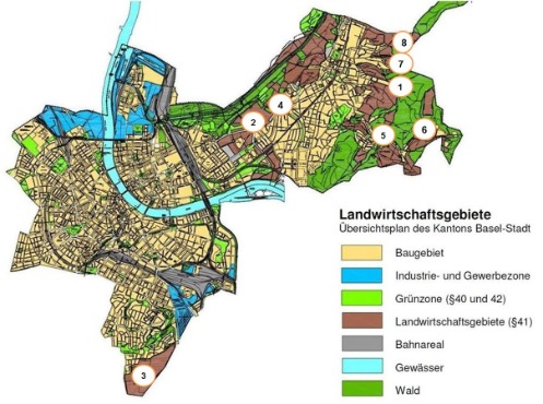 Karte des Kantons Basel-Stadt, in der zehn Landwirtschaftsbetriebe eingetragen sind.