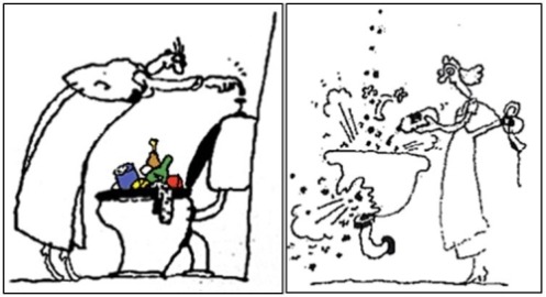 Cartoon von René Fehr, bei dem Abfälle und Gifte ins WC und Spülbecken getan werden. 