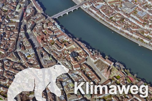 Satellitenbild von Basel mit Eisbär und Schrift Klimaweg