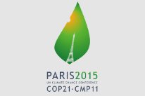 Logo der Klimakonferenz von Paris mit grünem Blatt und Eiffelturm