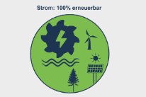Schrift 100% erneuerbarer Strom mit Symbol für Wasserkraft, Windkraft, Solarenergie und Holz